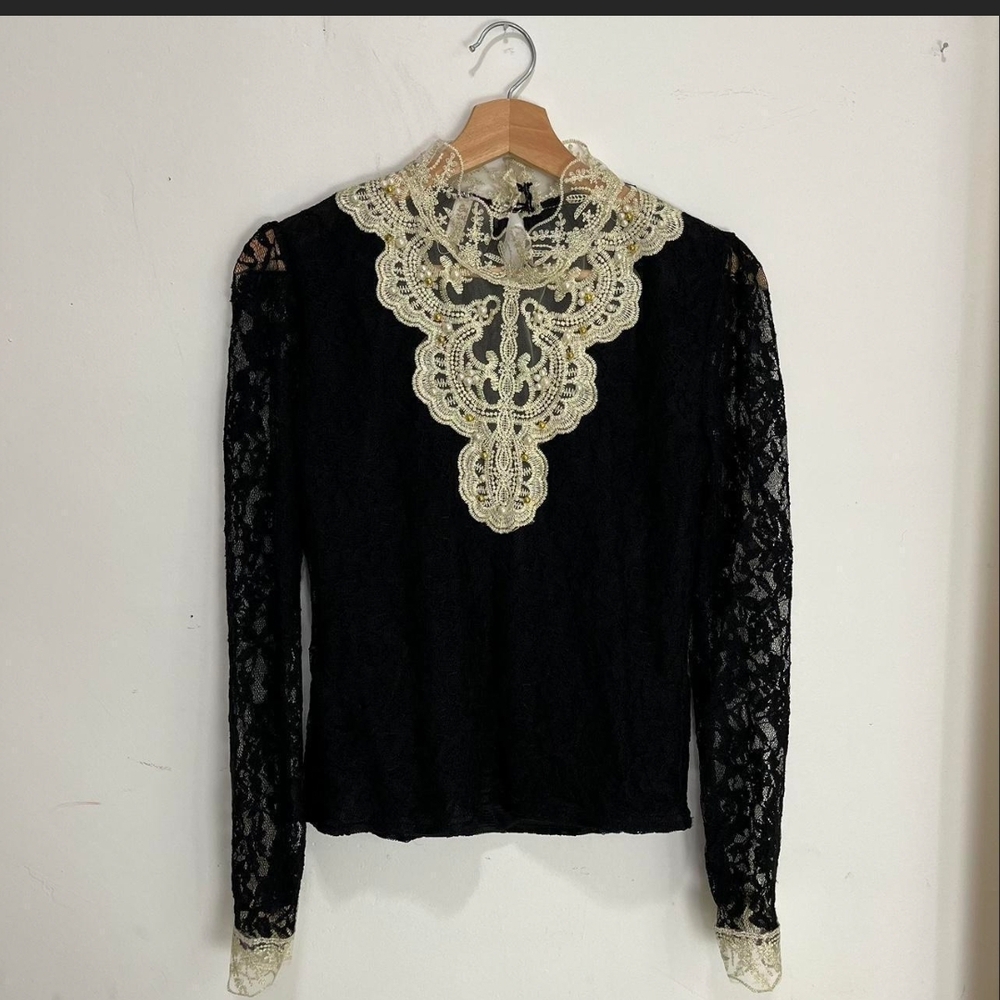 Elegant Black Lace Top with Cream Accents